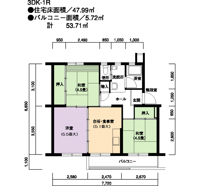 藤山台　107号棟407号室3DK47平方メートルの間取図