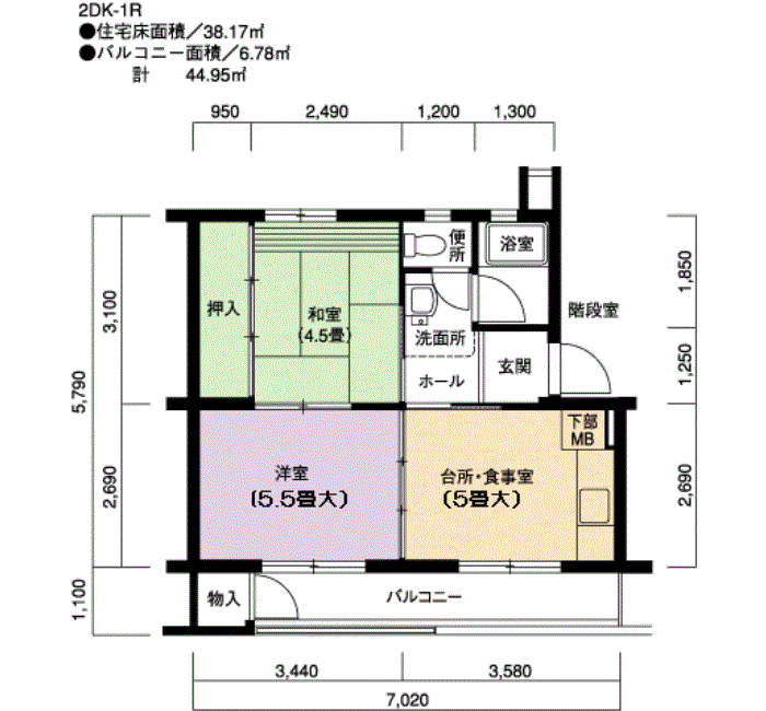 江南　9号棟101号室2DK41平方メートルの間取図
