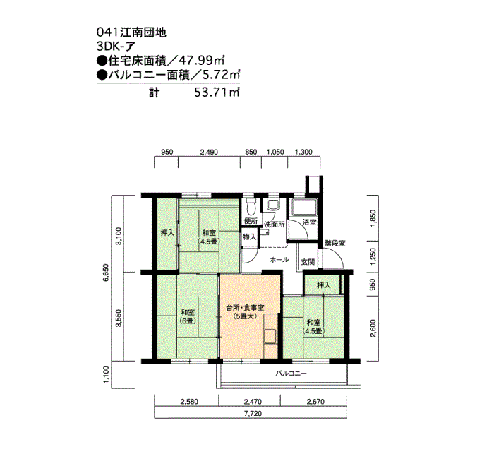 江南 42号棟206号室3DK47平方メートルの間取図