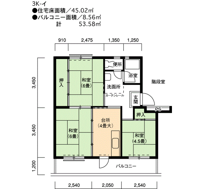 朝倉 21号棟109号室3K47平方メートルの間取図