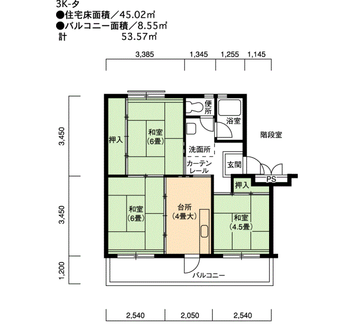 保見 136号棟308号室3K45平方メートルの間取図