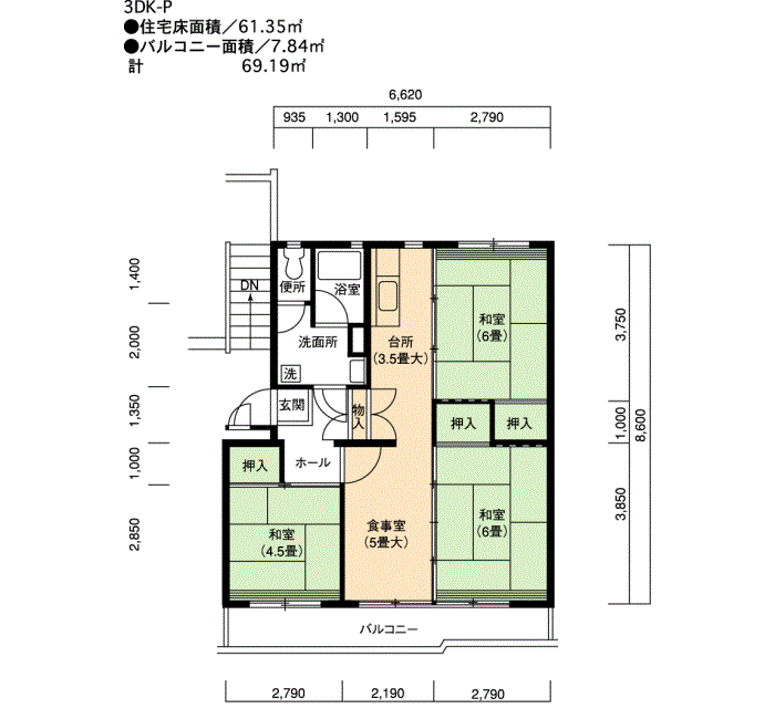 岩成台西 609号棟601号室3DK65平方メートルの間取図
