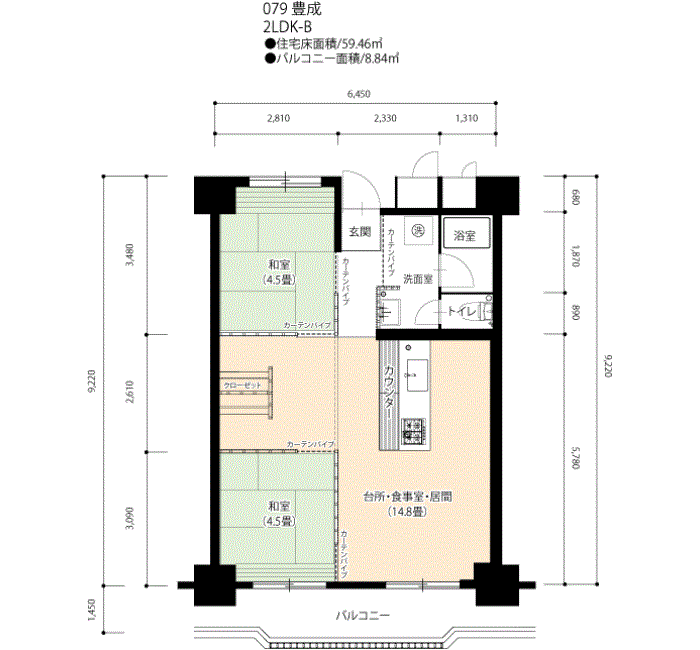 豊成 2号棟307号室2LDK59平方メートルの間取図
