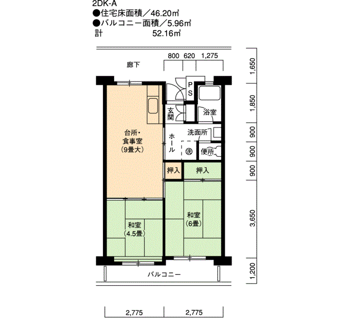 木場 3号棟807号室2DK46平方メートルの間取図