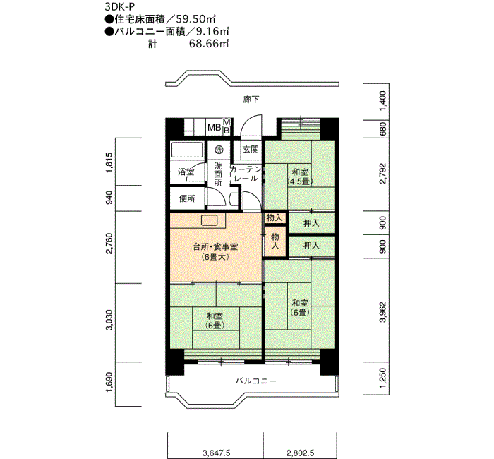 大幸東　101号棟333号室3DK59平方メートルの間取図