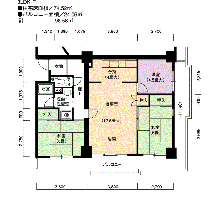 神宮東パークハイツ 9号棟703号室3LDK74平方メートルの間取図