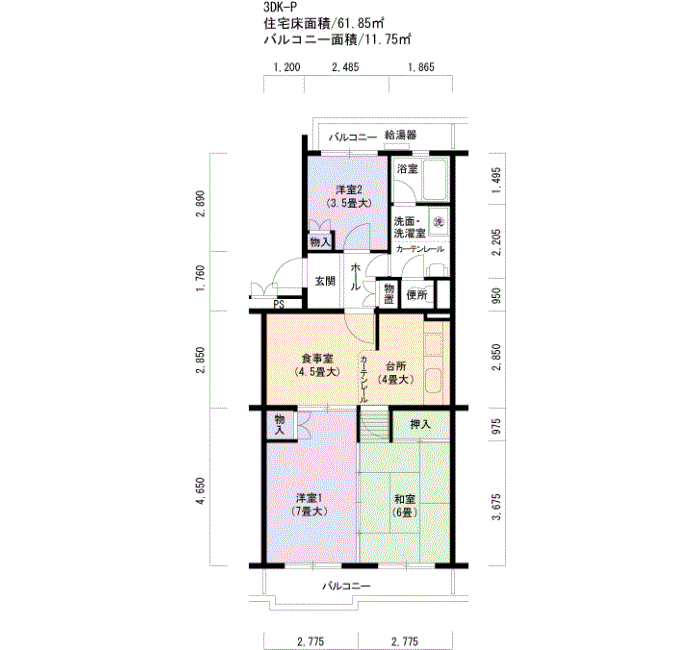 高畑　105号室3DK61平方メートルの間取図