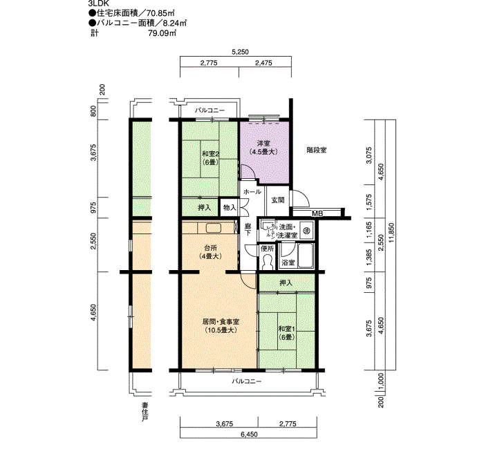 アーバンドゥエル中村公園 1号棟201号室3LDK71平方メートルの間取図