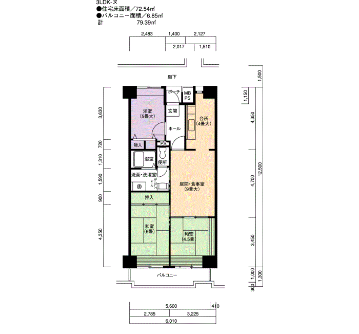 アーバニア鶴舞第2　409号室3LDK72平方メートルの間取図