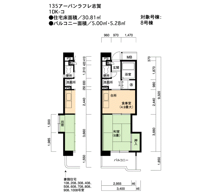 アーバンラフレ志賀 8号棟1008号室1DK30平方メートルの間取図