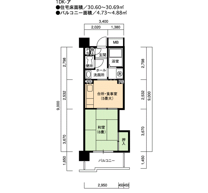 アーバンラフレ白壁 1号棟302号室1DK30平方メートルの間取図