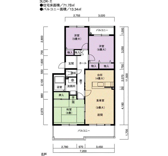 日進香久山花の街 3号棟302号室3LDK71平方メートルの間取図