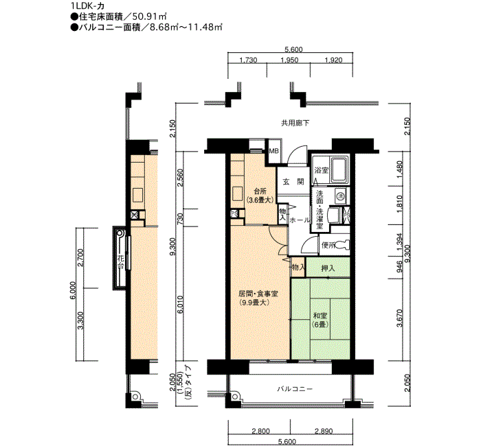 アーバンラフレ星ヶ丘　11号棟108号室1LDK50平方メートルの間取図
