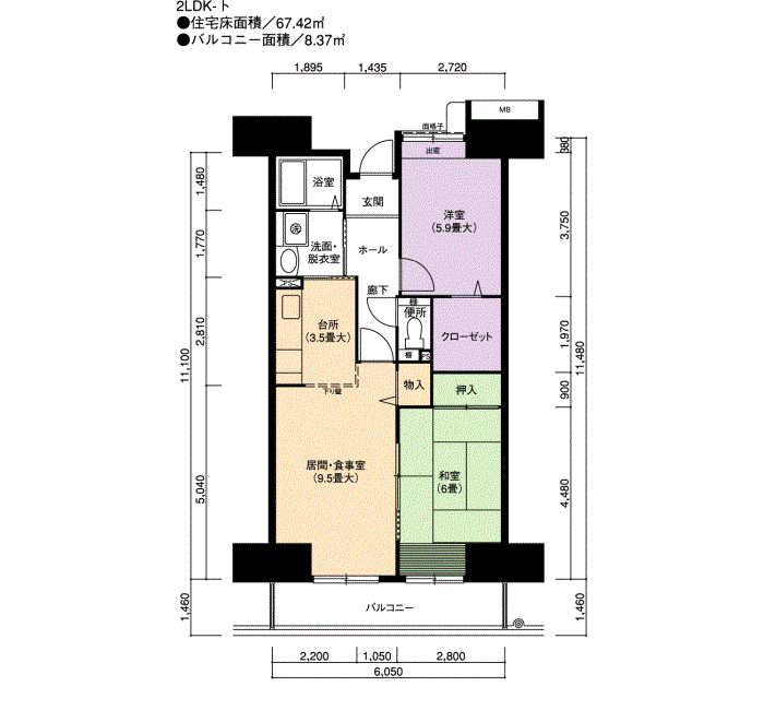 アーバニア志賀公園　11号棟403号室2LDK67平方メートルの間取図