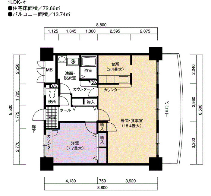 サンクレア池下 1号棟2102号室1LDK72平方メートルの間取図