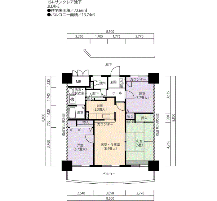 サンクレア池下　1号棟906号室3LDK72平方メートルの間取図
