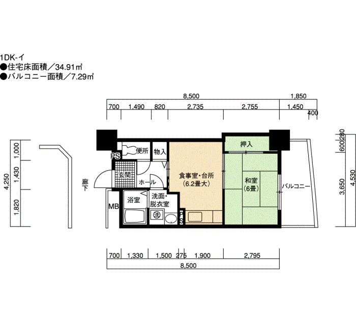 サンクレア池下 2号棟603号室1DK34平方メートルの間取図