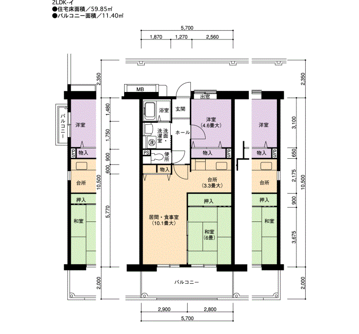 アーバンラフレ虹ヶ丘南 3号棟603号室2LDK59平方メートルの間取図