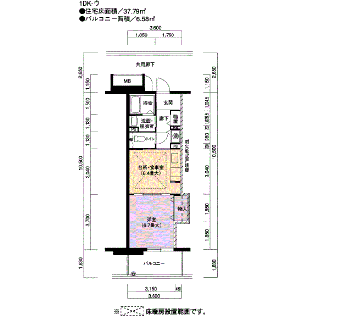 アーバンラフレ鳩岡 4号棟404号室1DK37平方メートルの間取図