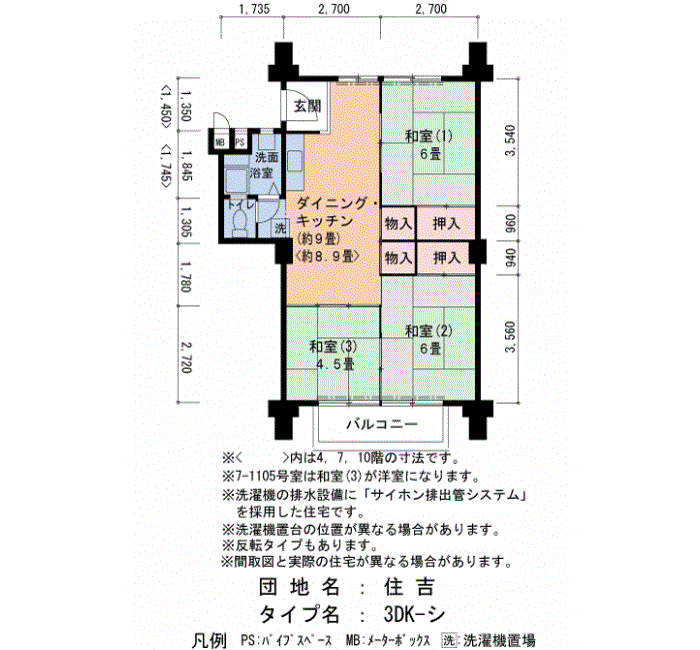住吉 1号棟805号室3DK56平方メートルの間取図