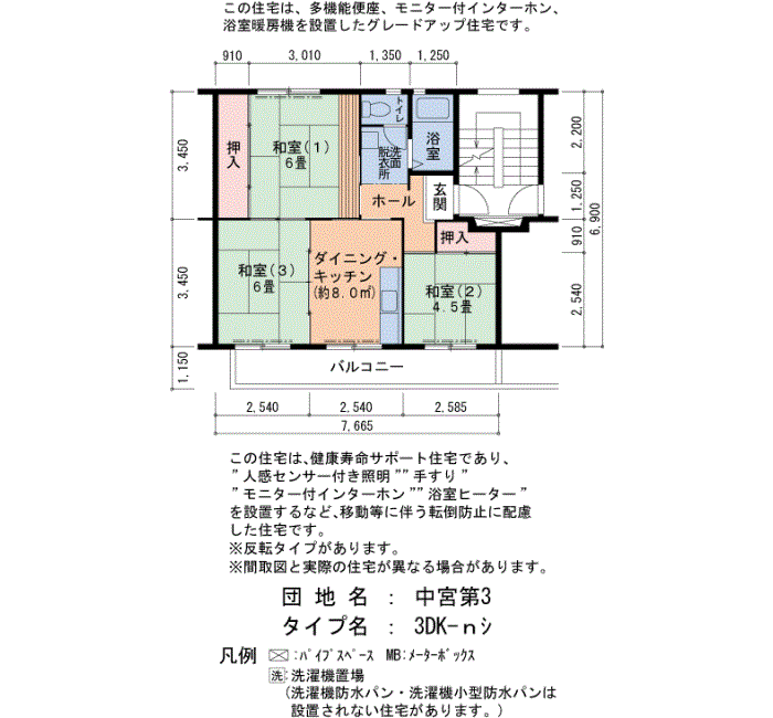 中宮第3 29号棟206号室3DK53平方メートルの間取図