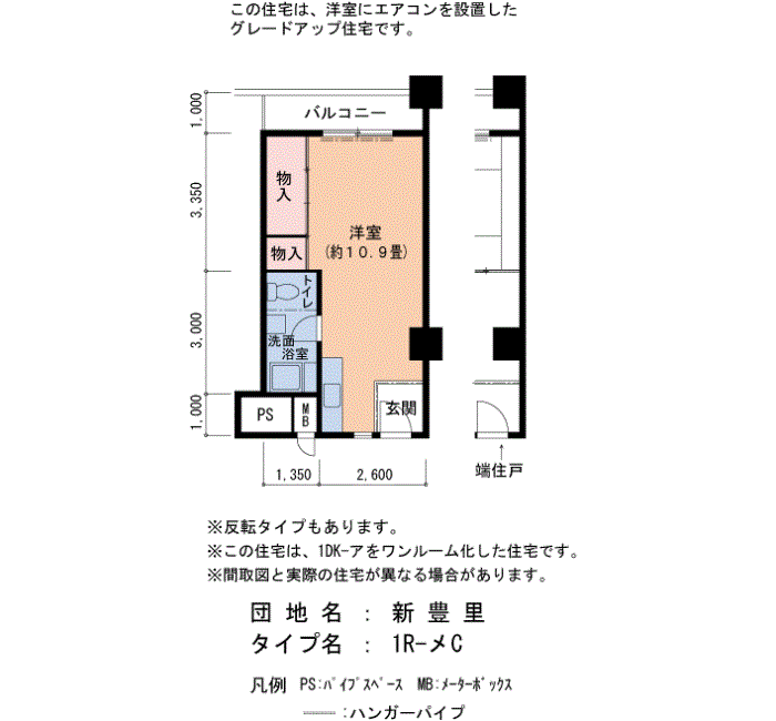 新豊里 4号棟302号室1K32平方メートルの間取図