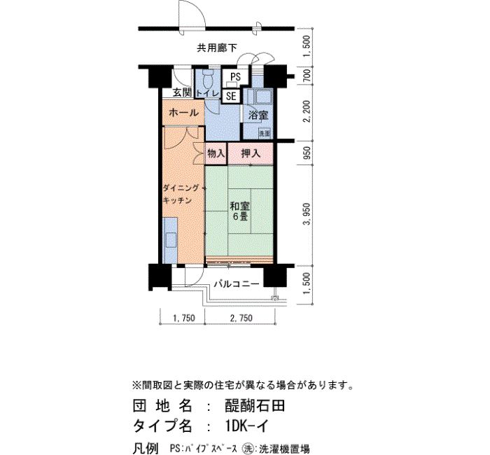 醍醐石田 1号棟404号室1DK37平方メートルの間取図