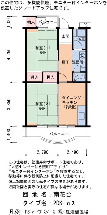 南花台 23号棟101号室2DK50平方メートルの間取図