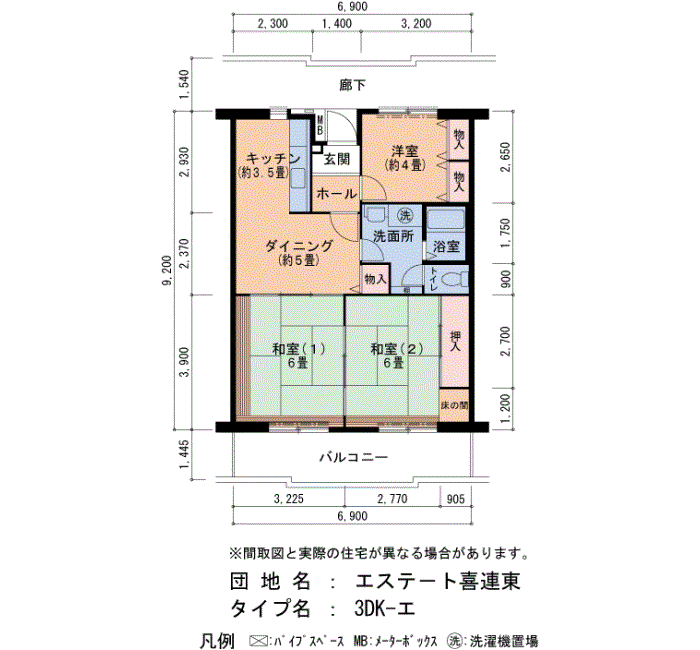 エステート喜連東　306号室3DK62平方メートルの間取図