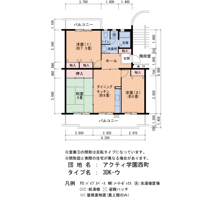 アクティ学園西町 742号棟502号室3DK66平方メートルの間取図