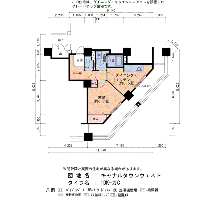 キャナルタウンウェスト 7号棟403号室1DK40平方メートルの間取図